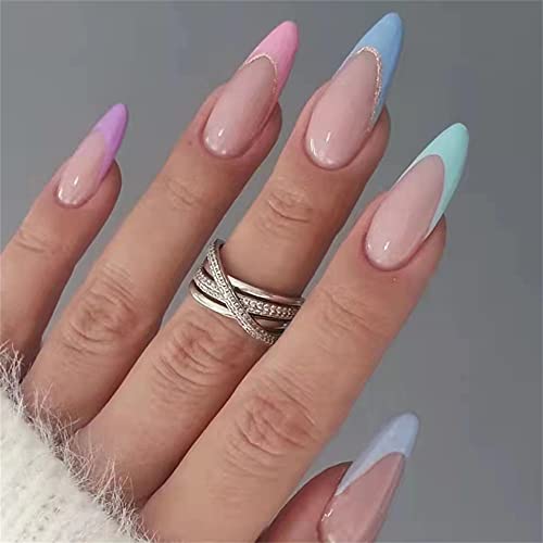 ארוך צרפתית עיתונות על ציפורניים Luxury Fake Nails Rainbow Acrylic False Nails With Glue Sticker Women's Nails Colorful False Nail Tips 24 pcs